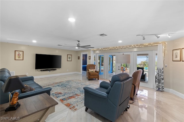 living room with recessed lighting, visible vents, baseboards, marble finish floor, and french doors