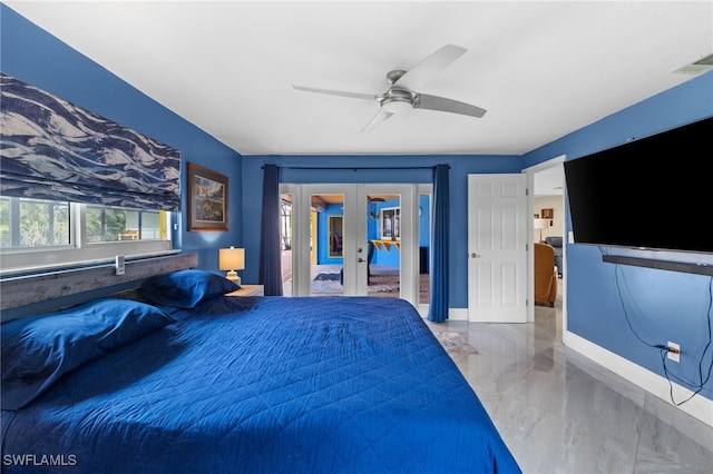 bedroom featuring baseboards, visible vents, marble finish floor, access to exterior, and french doors