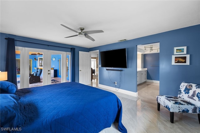 bedroom with baseboards, visible vents, a ceiling fan, ensuite bathroom, and french doors