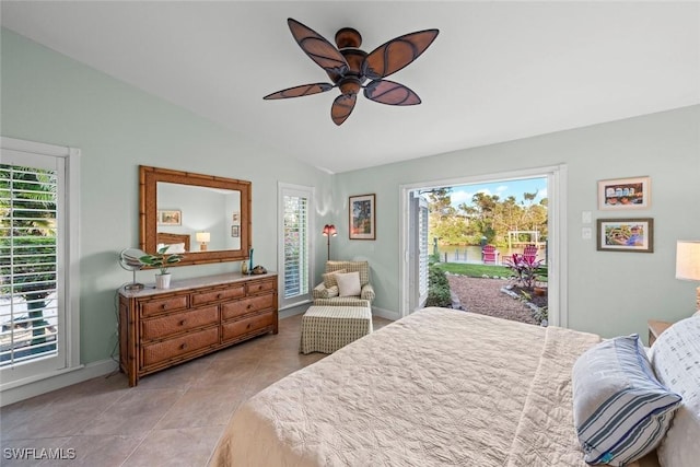 bedroom featuring light tile patterned floors, baseboards, a ceiling fan, access to outside, and vaulted ceiling