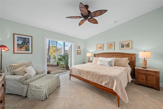 bedroom with lofted ceiling, light tile patterned flooring, a ceiling fan, and access to exterior