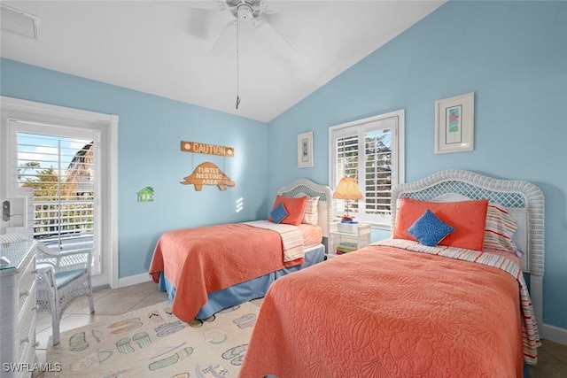 bedroom featuring access to exterior, light tile patterned floors, a ceiling fan, vaulted ceiling, and baseboards