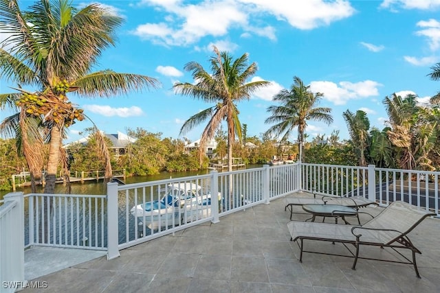 view of patio / terrace featuring a water view