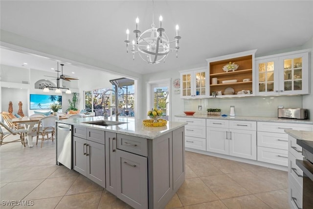 kitchen with gray cabinets, glass insert cabinets, white cabinets, and dishwasher