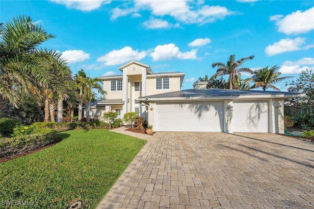 view of front of home with a garage, decorative driveway, and a front yard