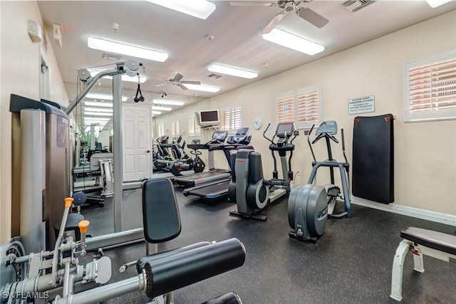 workout area with visible vents, ceiling fan, and baseboards