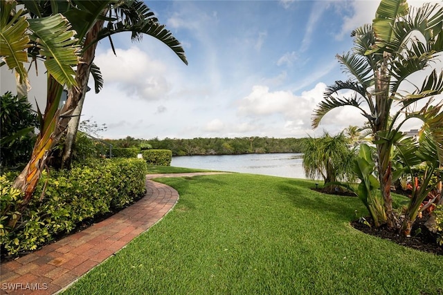 view of yard with a water view