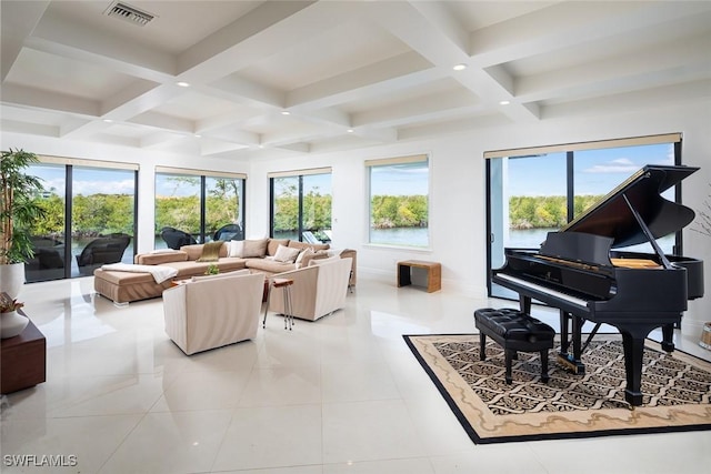 interior space featuring light tile patterned floors, visible vents, coffered ceiling, and beamed ceiling