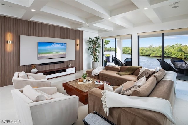 interior space featuring coffered ceiling, a wealth of natural light, and beamed ceiling