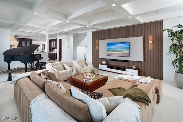 interior space with an accent wall, coffered ceiling, beamed ceiling, and recessed lighting