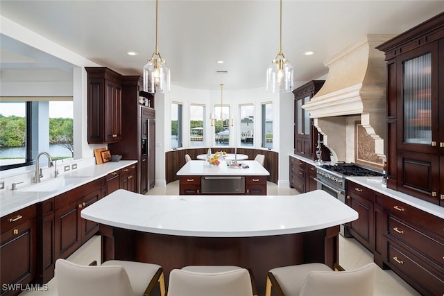 kitchen with a wealth of natural light, light countertops, a kitchen island, and a sink