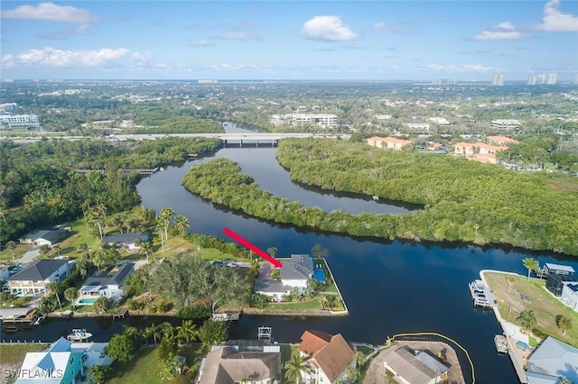 drone / aerial view featuring a water view