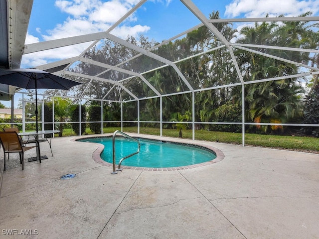 outdoor pool with a lanai and a patio