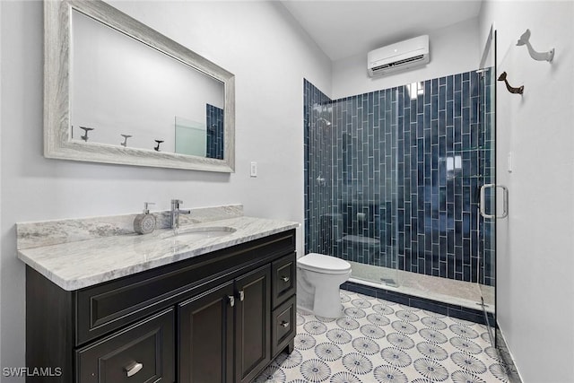 bathroom with toilet, a wall mounted air conditioner, a stall shower, tile patterned floors, and vanity