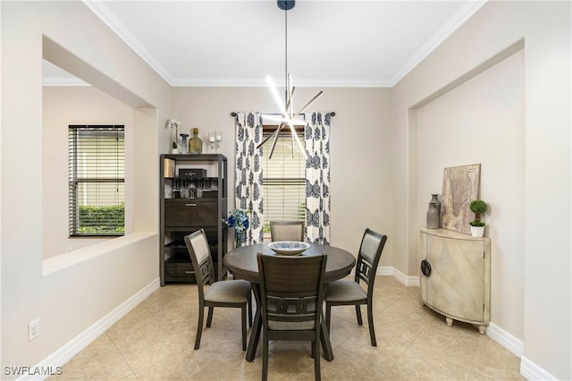 dining area featuring an inviting chandelier, light tile patterned floors, baseboards, and crown molding