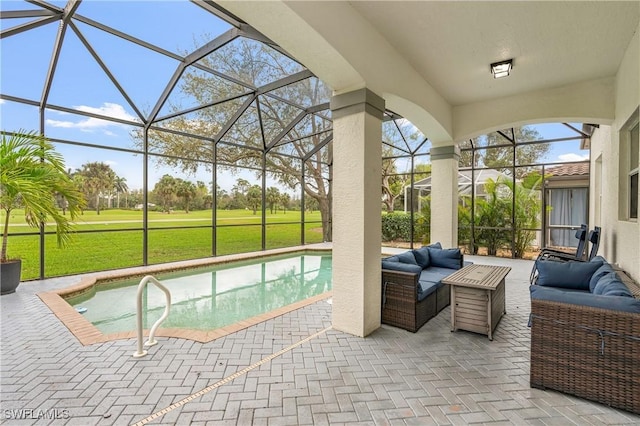 view of patio / terrace with glass enclosure, an outdoor living space with a fire pit, and an outdoor pool