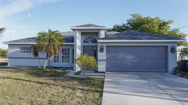 ranch-style home featuring an attached garage, a front yard, concrete driveway, and stucco siding