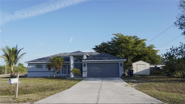 ranch-style home featuring an attached garage, driveway, stucco siding, a storage unit, and a front lawn