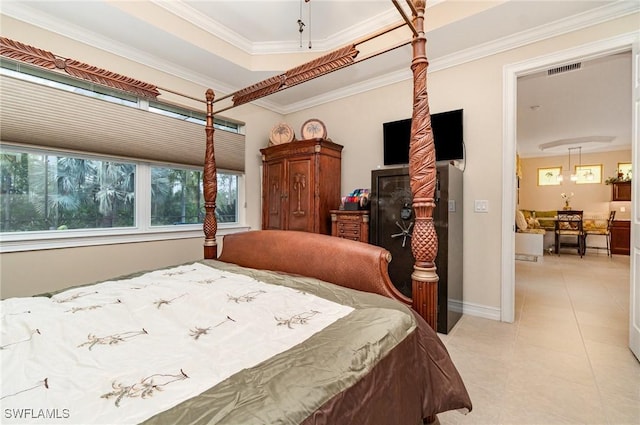 bedroom featuring a raised ceiling, visible vents, ornamental molding, light tile patterned flooring, and baseboards