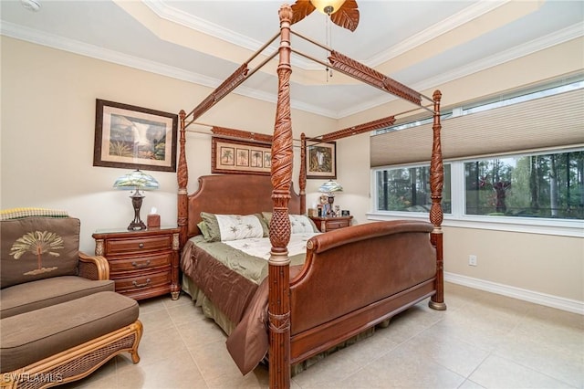 bedroom featuring a ceiling fan, crown molding, baseboards, and light tile patterned floors