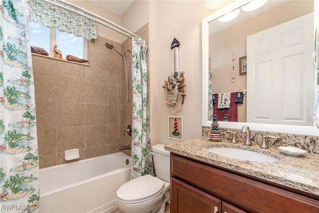 bathroom featuring shower / bathtub combination with curtain, toilet, and vanity