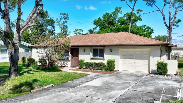 ranch-style house with driveway, a shingled roof, an attached garage, a front lawn, and stucco siding