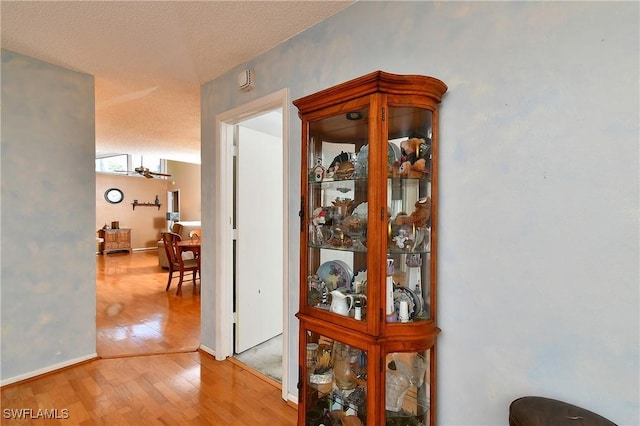 hallway with a textured ceiling, baseboards, and wood finished floors