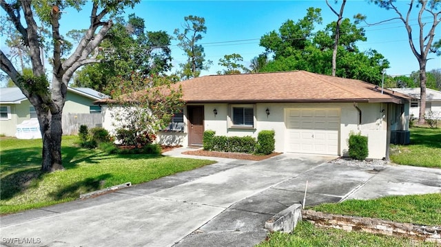 ranch-style home featuring a garage, concrete driveway, a front yard, and stucco siding