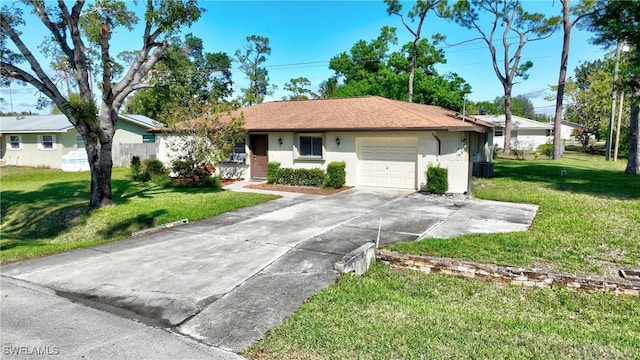 ranch-style home featuring stucco siding, a shingled roof, concrete driveway, a garage, and a front lawn