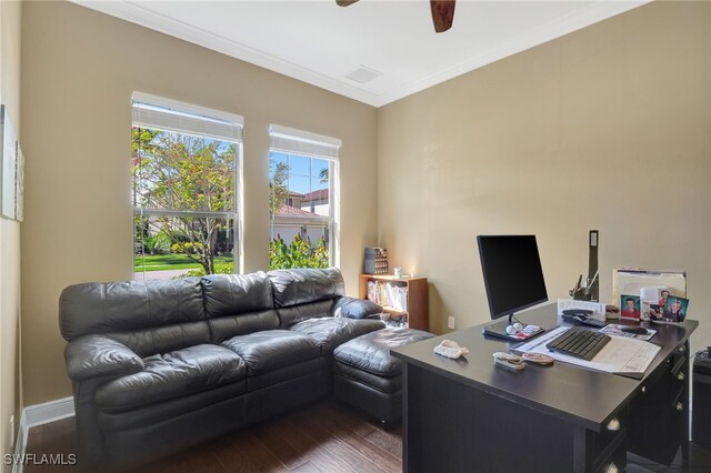 office space with ornamental molding, dark wood-type flooring, and ceiling fan