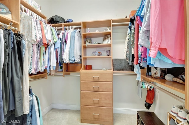 spacious closet featuring light colored carpet