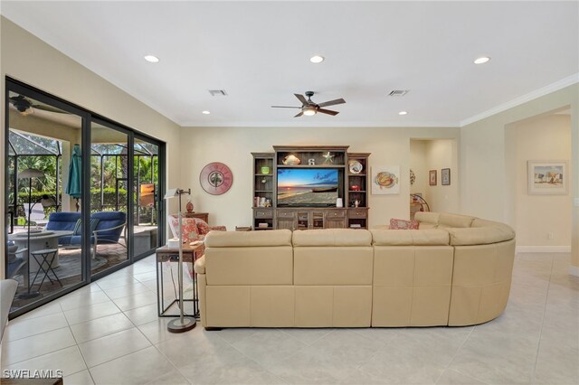 living area featuring recessed lighting, visible vents, and crown molding