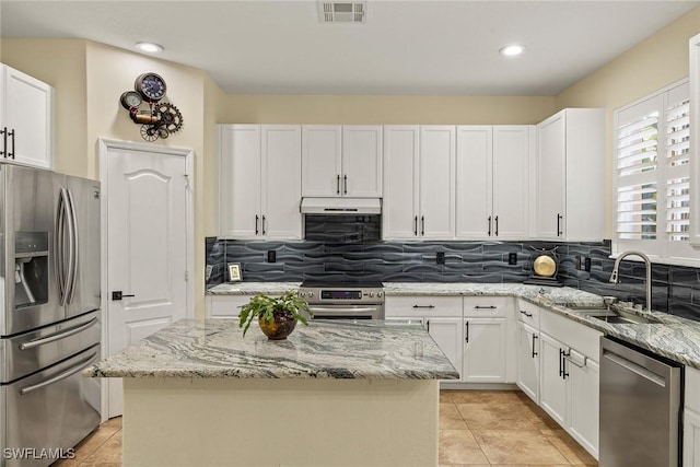 8840 Paseo De Valencia St, Fort Myers, FL 33908 - kitchen with visible vents, appliances with stainless steel finishes, white cabinets, a sink, and under cabinet range hood