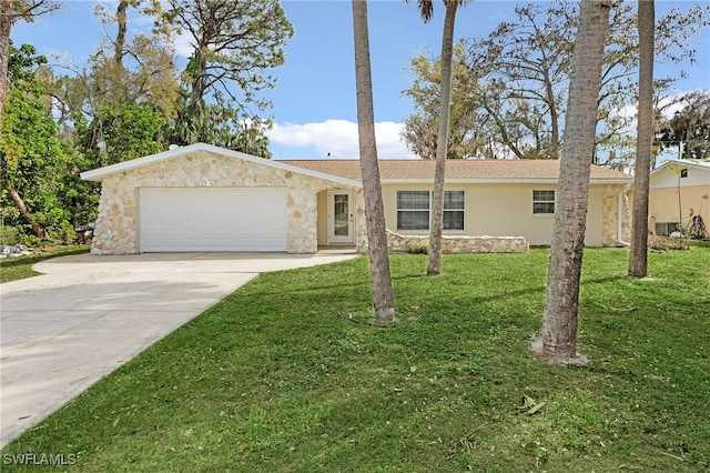 single story home with driveway, stone siding, an attached garage, a front lawn, and stucco siding