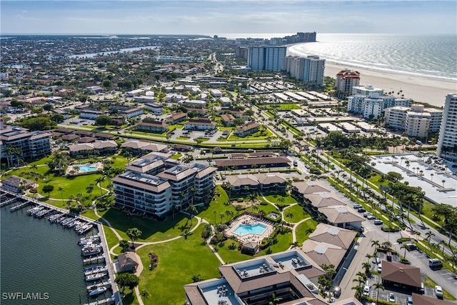 drone / aerial view featuring a water view