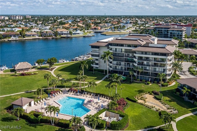 bird's eye view with a water view