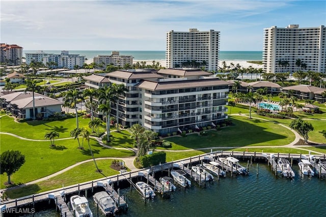 drone / aerial view with a water view