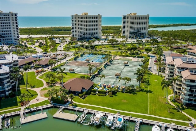 bird's eye view with a water view