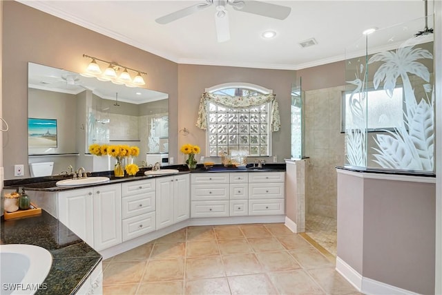 full bath featuring ornamental molding, visible vents, a sink, and walk in shower