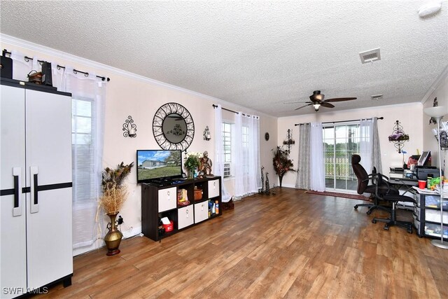 1132 W Red Rd, Labelle, FL 33935 - office with wood finished floors, a ceiling fan, a textured ceiling, healthy amount of natural light, and crown molding