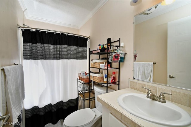 1132 W Red Rd, Labelle, FL 33935 - full bathroom featuring toilet, ornamental molding, vanity, and curtained shower