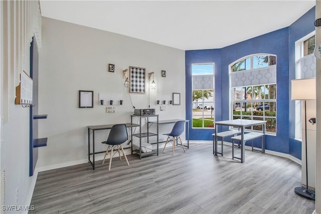 dining space featuring plenty of natural light, wood finished floors, and baseboards