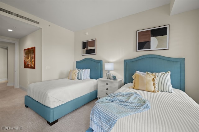 bedroom with recessed lighting, carpet flooring, visible vents, and baseboards