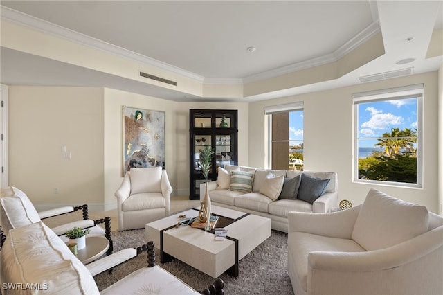 living area with ornamental molding, a tray ceiling, visible vents, and baseboards