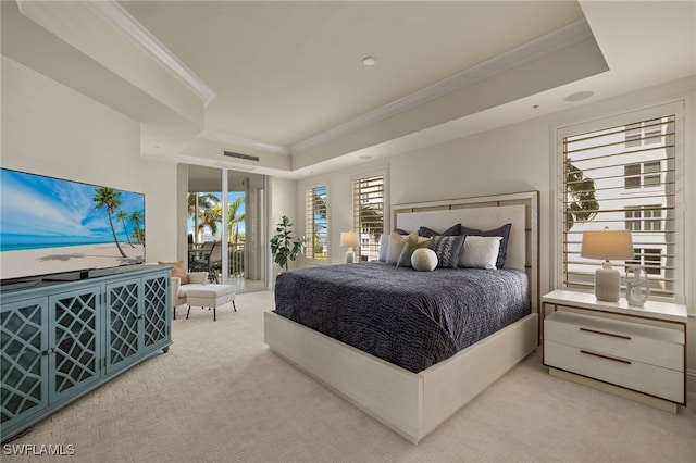 bedroom featuring ornamental molding, access to outside, a raised ceiling, and light colored carpet