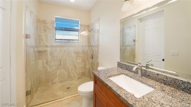 bathroom featuring vanity, a shower with shower door, toilet, and tile patterned flooring