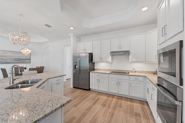 kitchen with under cabinet range hood, stainless steel appliances, a sink, white cabinets, and a raised ceiling