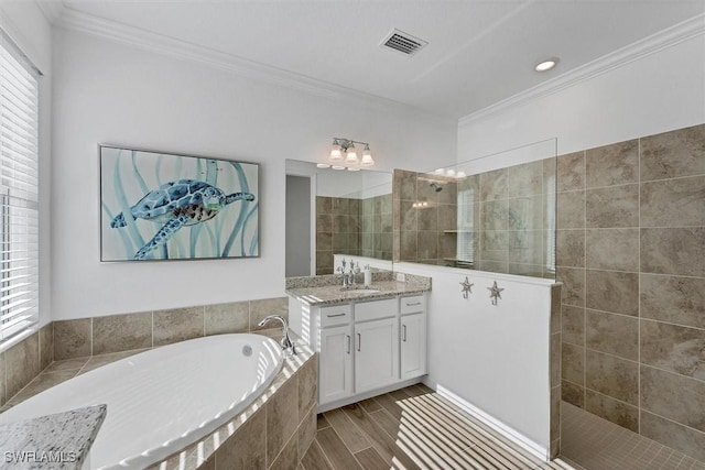 bathroom with visible vents, crown molding, vanity, and a walk in shower