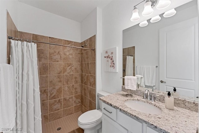 bathroom featuring toilet, a shower stall, and vanity