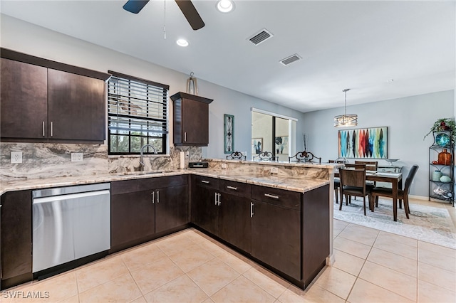 kitchen with hanging light fixtures, visible vents, dishwasher, and a peninsula